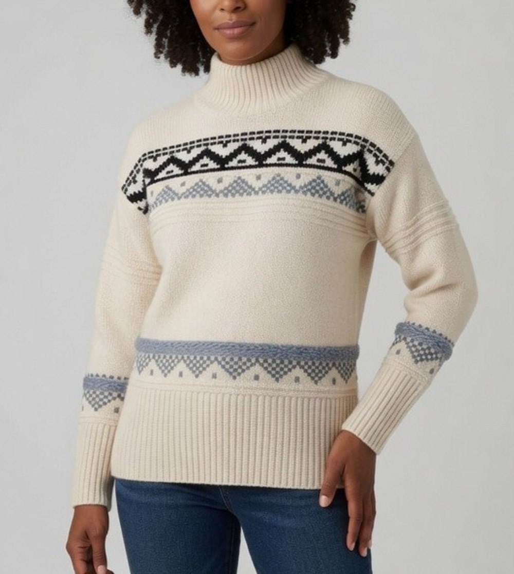 Women’s Fair Isle Mock Neck Sweater M Cream Black Cozy Knit Christian Siriano